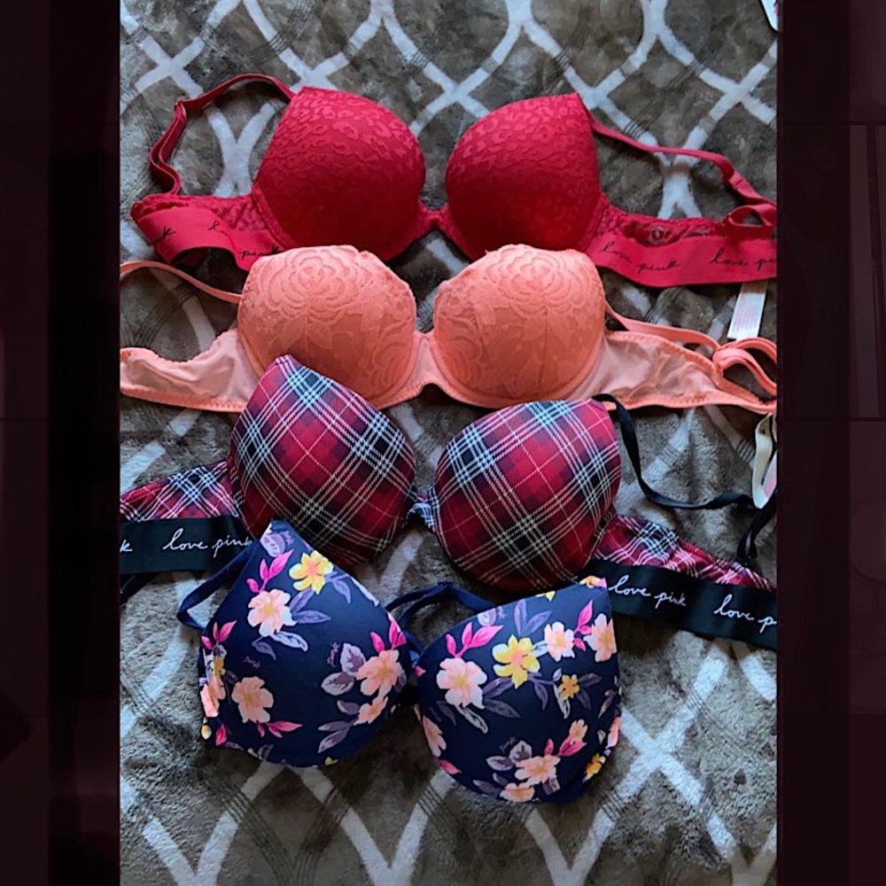 Four PINK push-up bras 34B & 32C